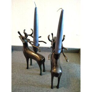 2 Vintage Bronze Reindeer Candle Holders Christmas Holiday Seasonal